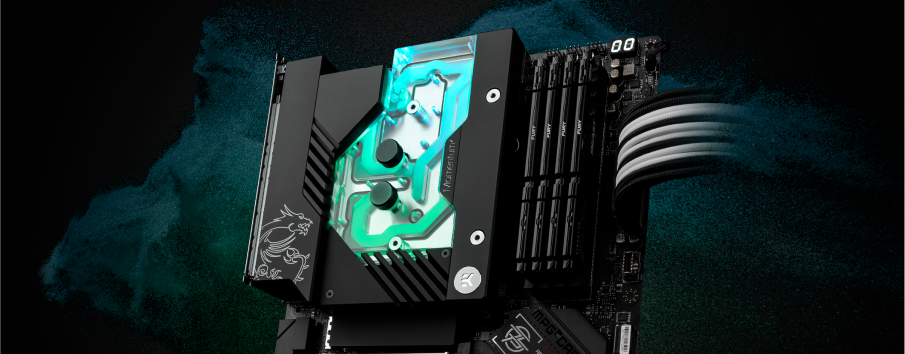 MSI MPG X670E motherboard with a monoblock water-cooling MSI MPG X670E motherboard with a monoblock water-cooling