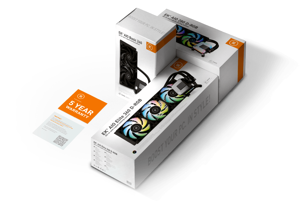 A collection of boxed EK-AIO products featuring a 5-year warranty card