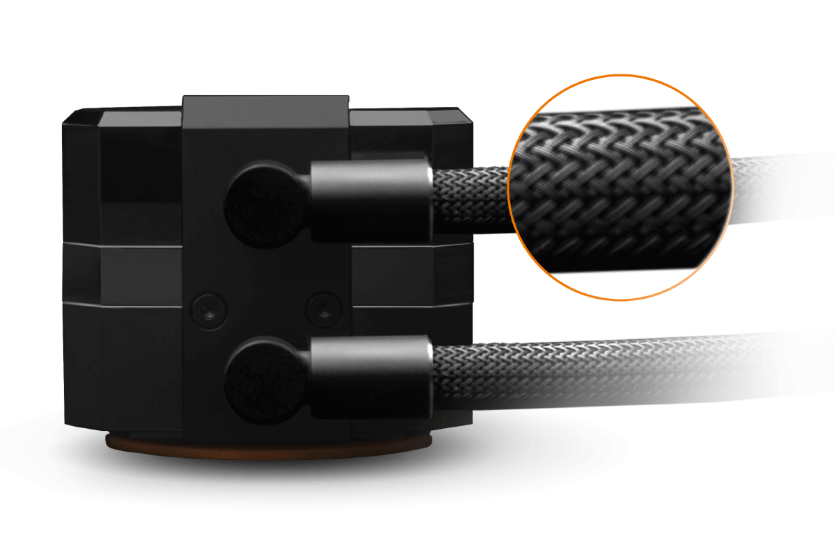 Close up of durable, black, braided EK-AIO tube