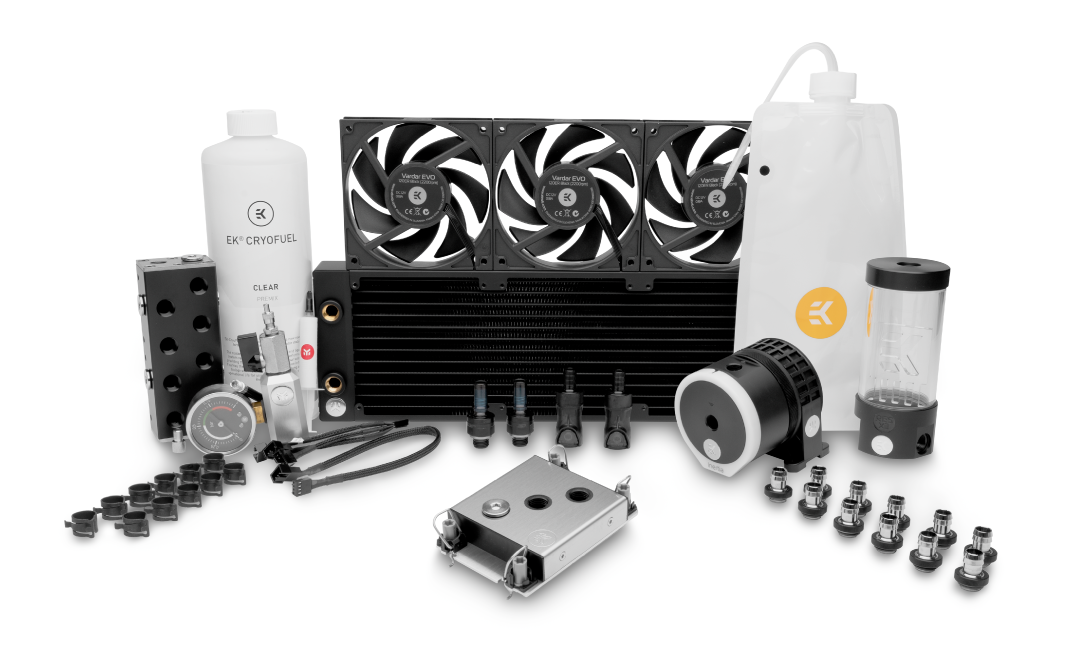All components of the EK-Pro QDC Kit P360 LGA 4189, like the fittings, pump, radiator, reservoir and CPU water block laid out.