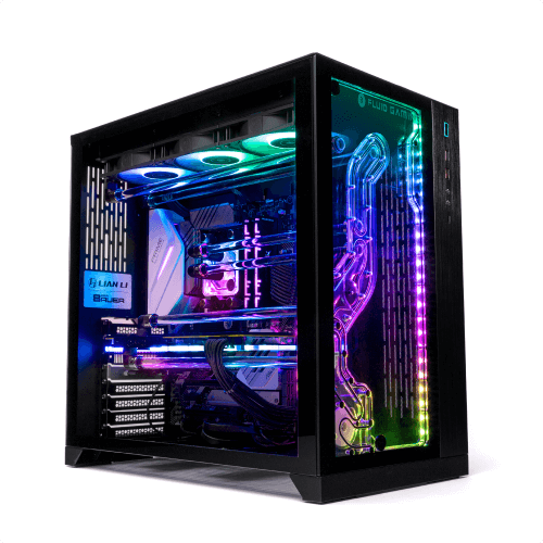 An EK Fluid Gaming PC with rainbow RGB