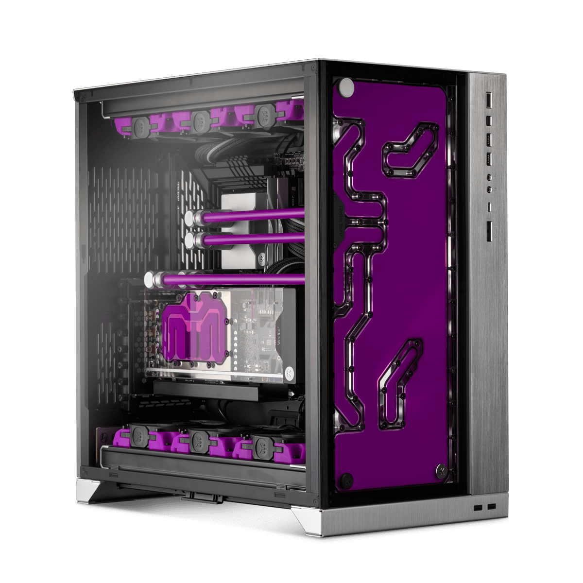 Purple & silver PC-O11D XL – Base featuring EK-Matrix7