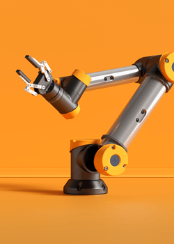 Robotic arm with orange accents symbolizing EK technology