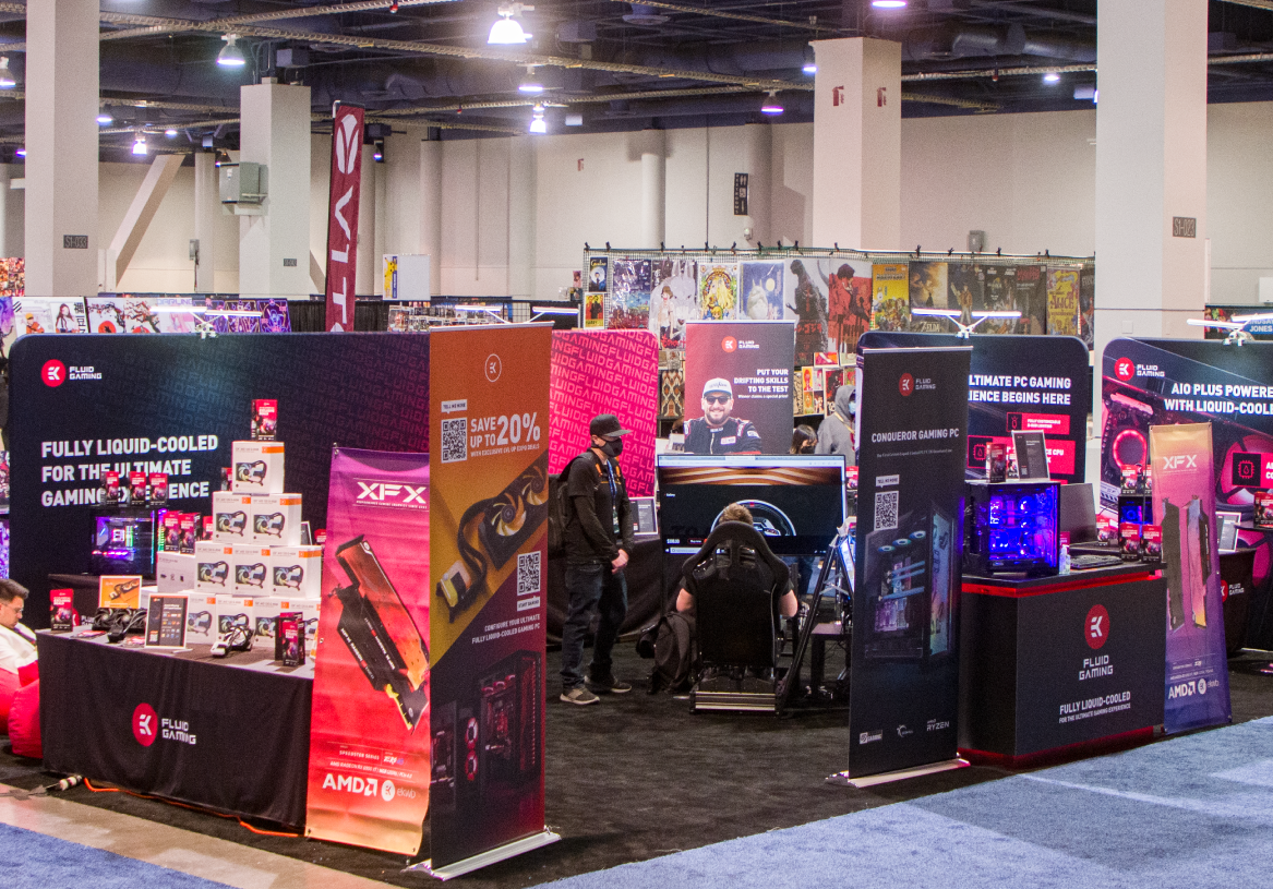 Visit EK booth at PAX West for the latest games, custom liquid-cooled Fluid Gaming setups, racing simulator, and much more.