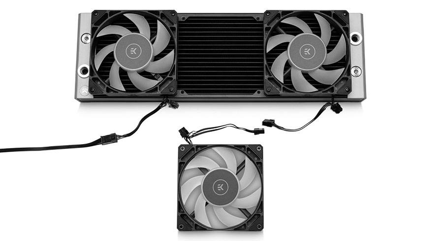 An EK-Quantum Surface Radiator with fans installed, ready to go in a Gaming PC.